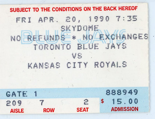 Toronto Blue Jays vs. Kansas City Royals Ticket Skydome 1990