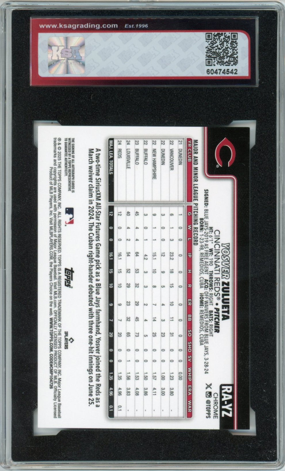 2025 Topps Chrome Yosver Zulueta Graded Rookie Autograph Card #RA-YZ KSA 8.5 AUTO 10