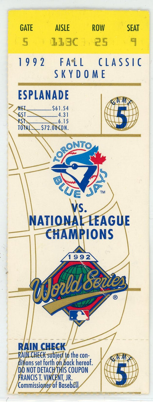 Toronto Blue Jays vs. Atlanta Braves World Series Ticket Skydome 1992 Smoltz, Morris Game 5