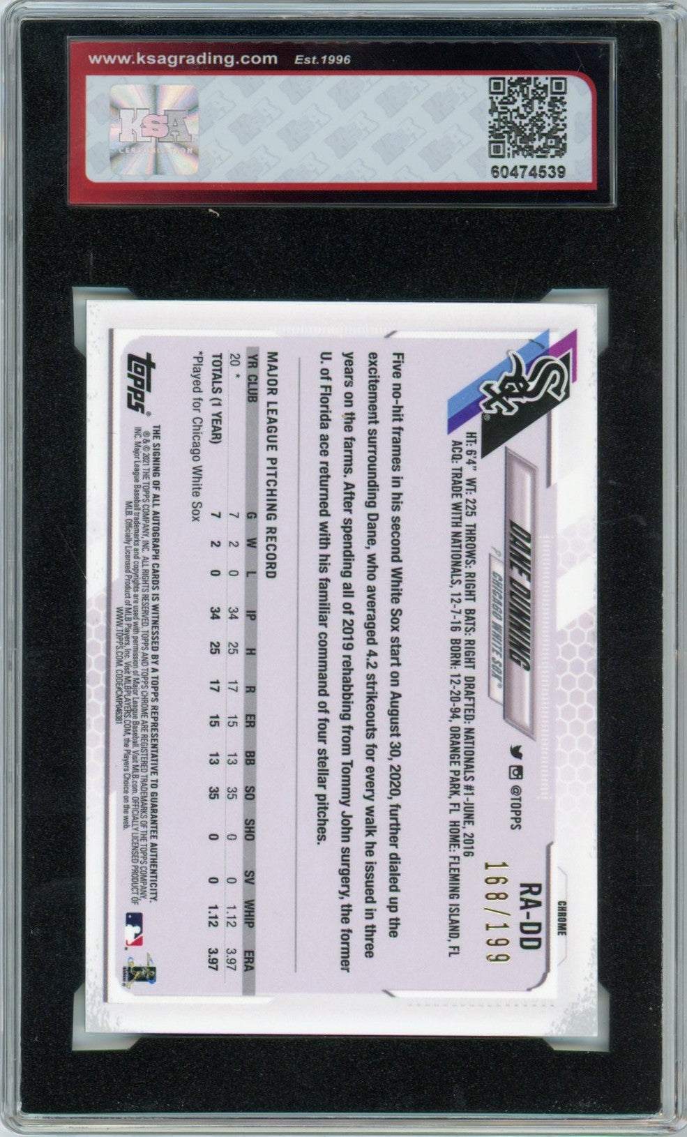 2021 Topps Chrome Dane Dunning Refractor Graded Rookie Autograph Card #RA-DD KSA 9.5 AUTO 10