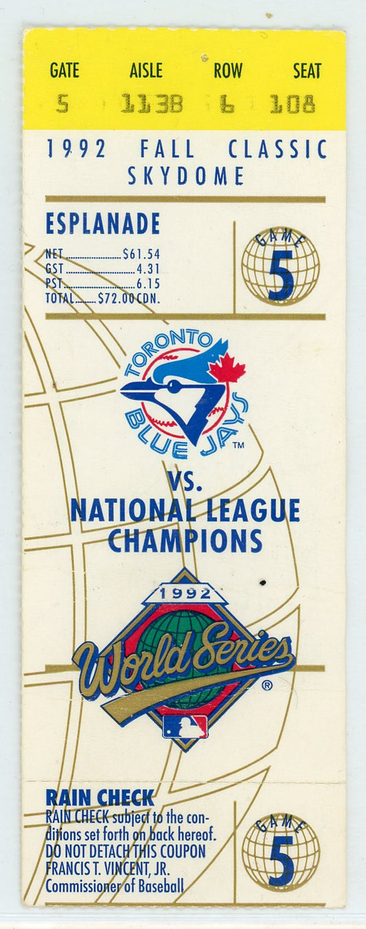 Toronto Blue Jays vs. Atlanta Braves World Series Ticket Stub Skydome 1992 Game 5