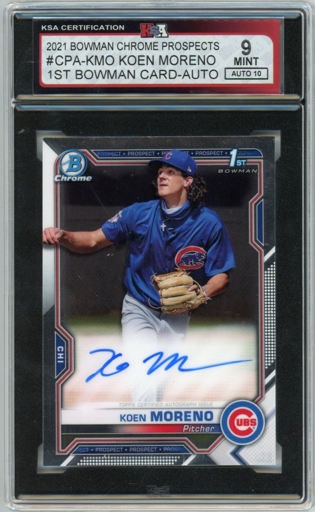2021 Bowman Chrome Prospects Koen Moreno Graded Rookie Autograph Card #CPA-KMO KSA 9 AUTO 10