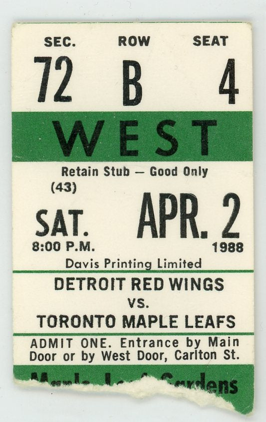 Detroit Red Wings vs. Toronto Maple Leafs Vintage Ticket Maple Leaf Gardens 1988