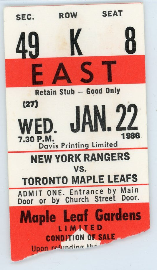 New York Rangers vs. Toronto Maple Leafs Vintage Ticket Stub Maple Leaf Gardens 1986