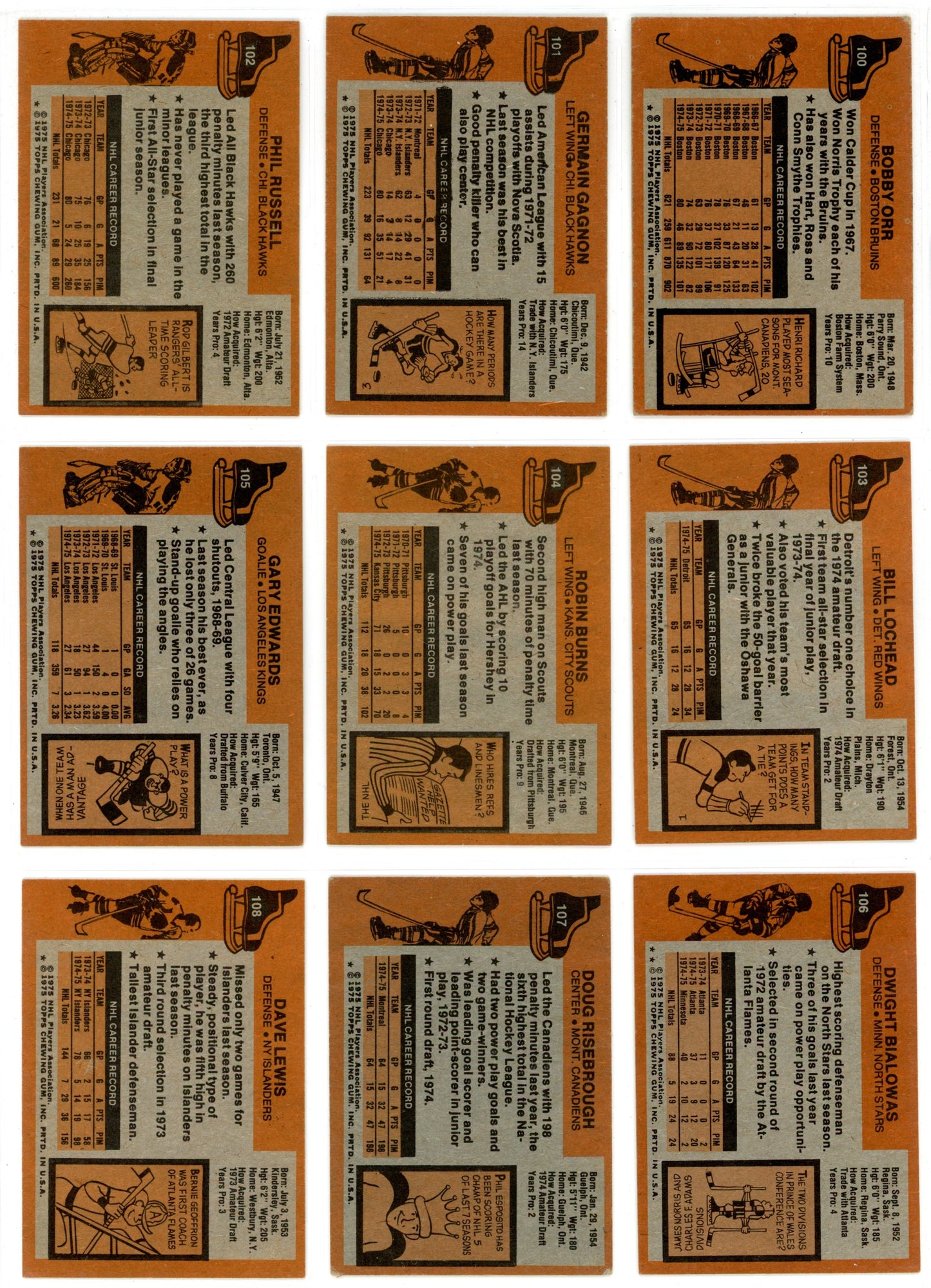 1975/76 Topps NHL Hockey Complete Set (330 Cards) VG+/EX Condition Bobby Orr, Lafleur