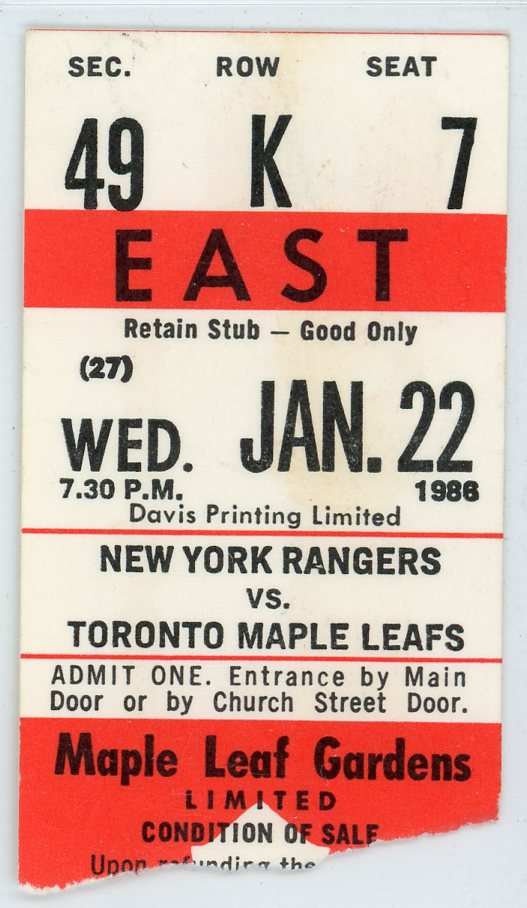 New York Rangers vs. Toronto Maple Leafs Vintage Ticket Maple Leaf Gardens 1986