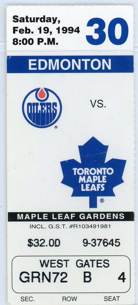 Edmonton Oilers vs. Toronto Maple Leafs Vintage Ticket Maple Leaf Gardens 1994