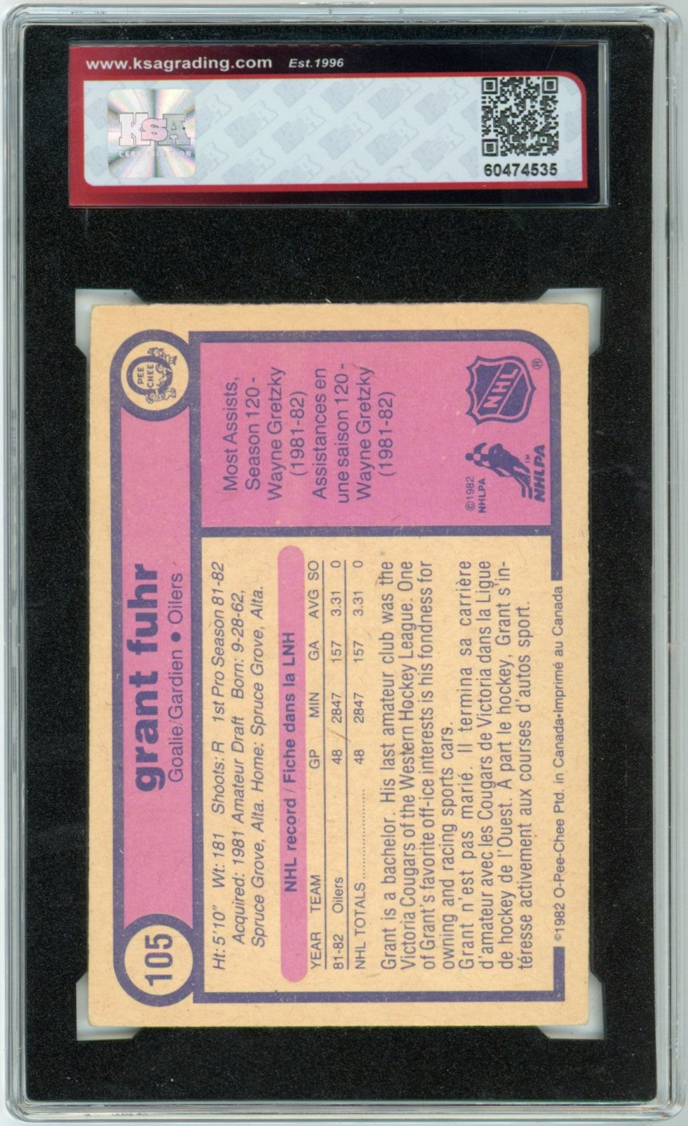 1982/83 OPC O-Pee-Chee Grant Fuhr Graded Rookie Card #105 KSA 6