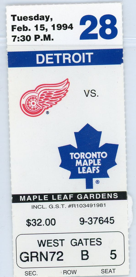 Detroit Red Wings vs. Toronto Maple Leafs Vintage Ticket Maple Leaf Gardens 1994