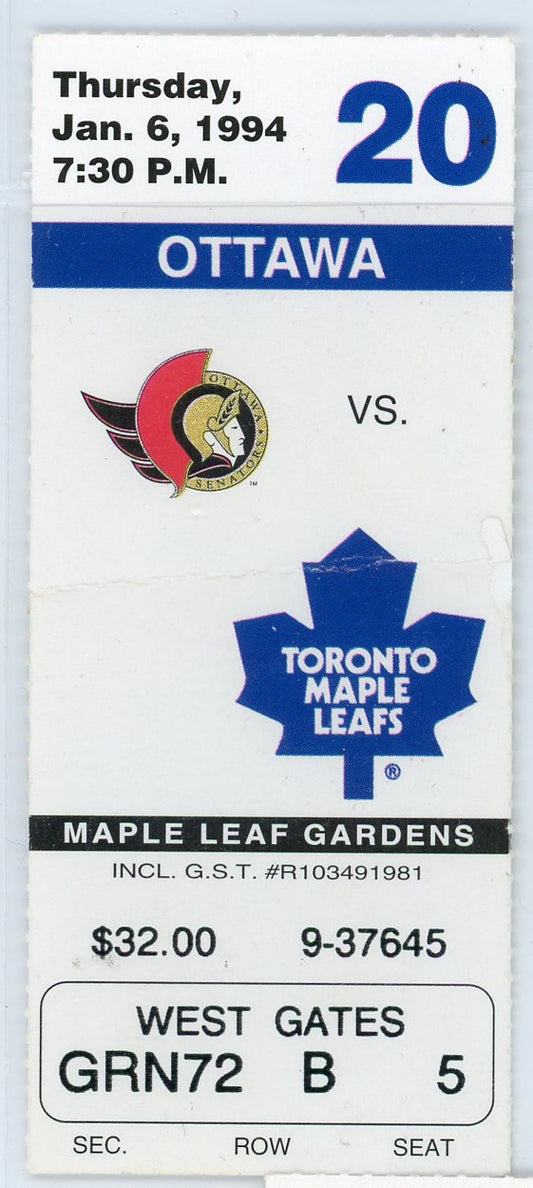 Ottawa Senators vs. Toronto Maple Leafs Vintage Ticket Maple Leaf Gardens 1994