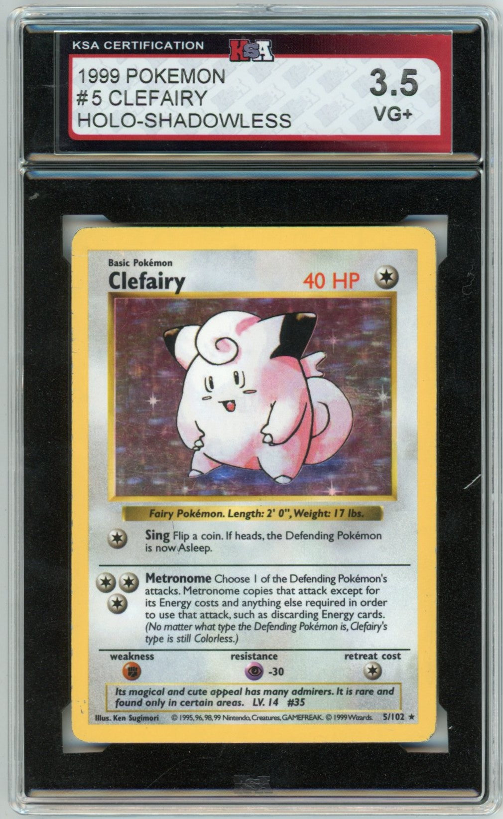 1999 Pokemon Clefairy Holographic Shadowless #5 Graded Card KSA 3.5