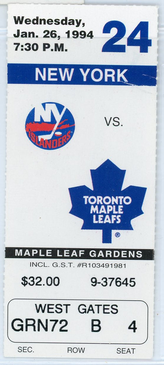 New York Islanders vs. Toronto Maple Leafs Vintage Ticket Maple Leaf Gardens 1994