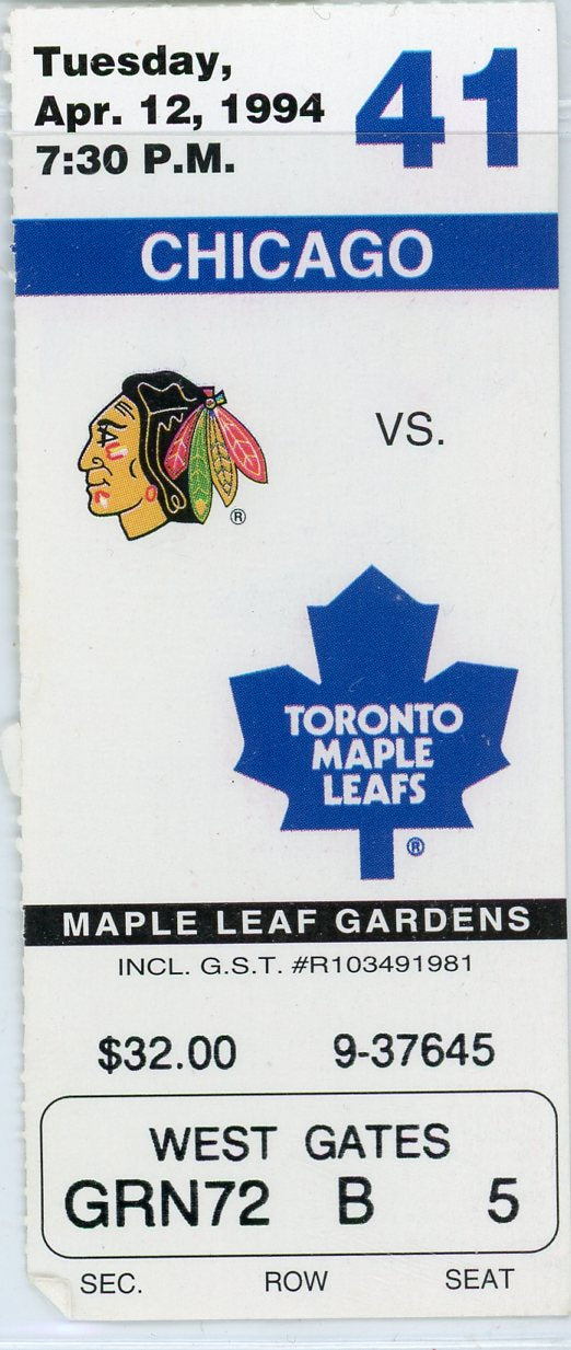 Chicago Blackhawks vs. Toronto Maple Leafs Vintage Ticket Maple Leaf Gardens 1994