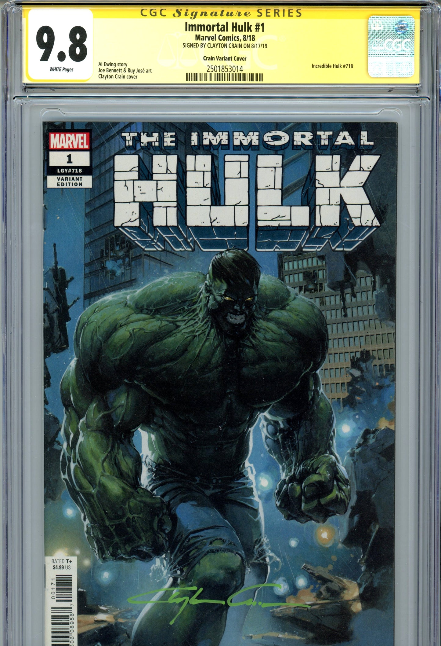 Immortal Hulk #1 (CGC Signature Series 9.8) – Clayton Crain 1:25 Incentive Variant