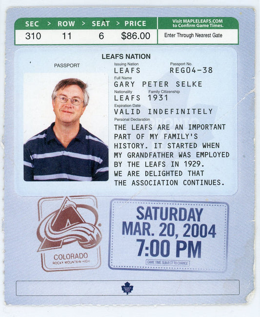 Toronto Maple Leafs vs. Colorado Avalanche Vintage Ticket Stub Air Canada Centre 2004