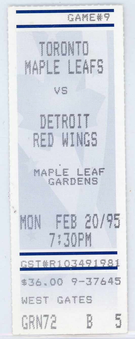 Toronto Maple Leafs vs. Detroit Red Wings Vintage Ticket Stub Maple Leaf Gardens 1995