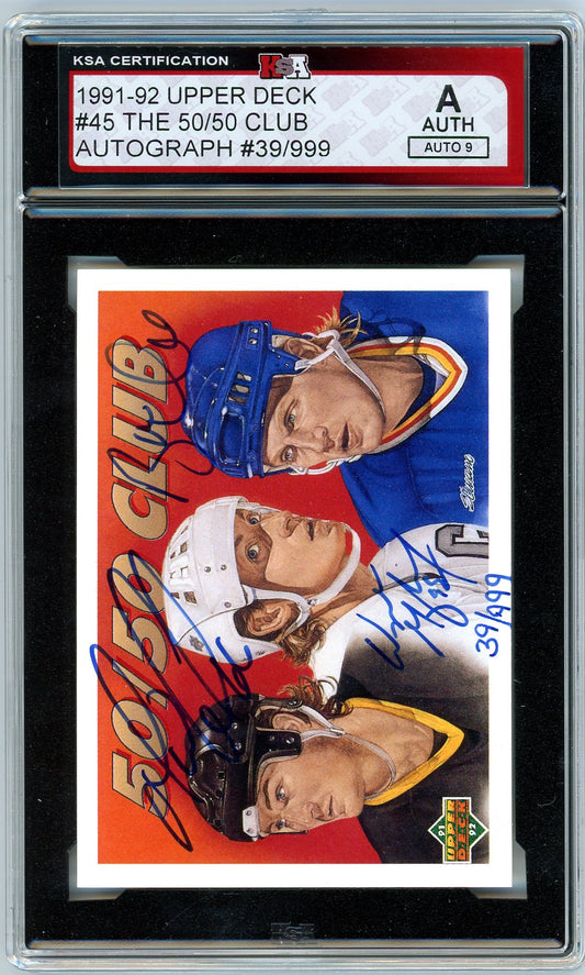 1991/92 Upper Deck The 50/50 Club Wayne Gretzky/Mario Lemieux/Brett Hull Autograph Card KSA Authenticated