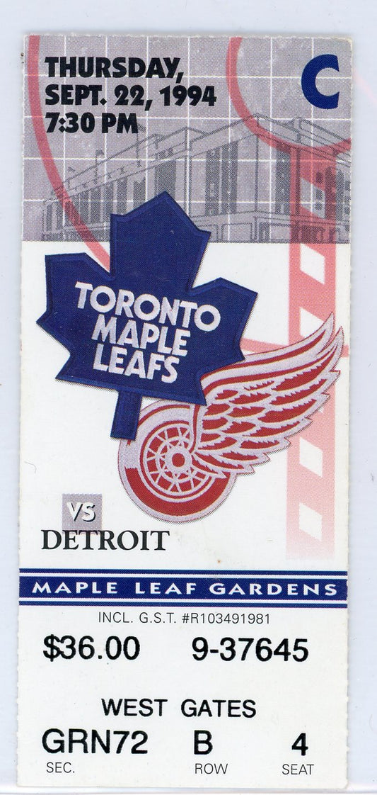 Toronto Maple Leafs vs. Detroit Red Wings Vintage Ticket Stub Gardens 1994 Steve Yzerman