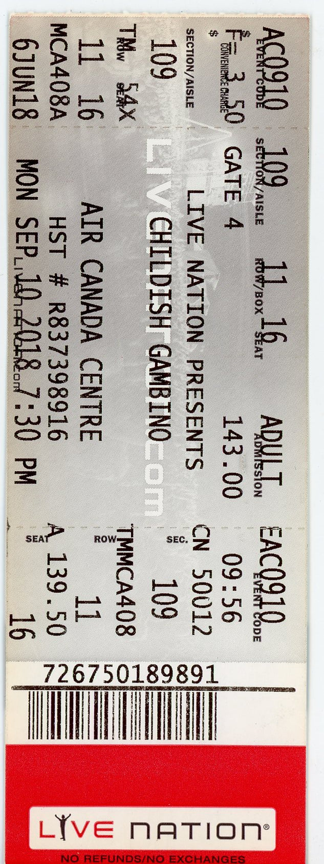 Childish Gambino Concert Ticket Stub Air Canada Centre (Toronto, 2018)