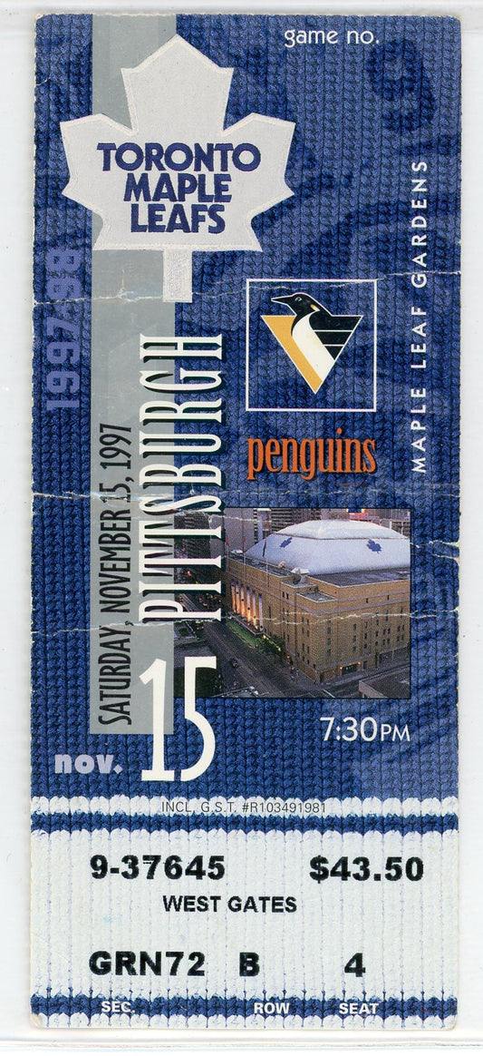 Toronto Maple Leafs vs. Pittsburgh Penguins Vintage Ticket Stub Maple Leaf Gardens 1997