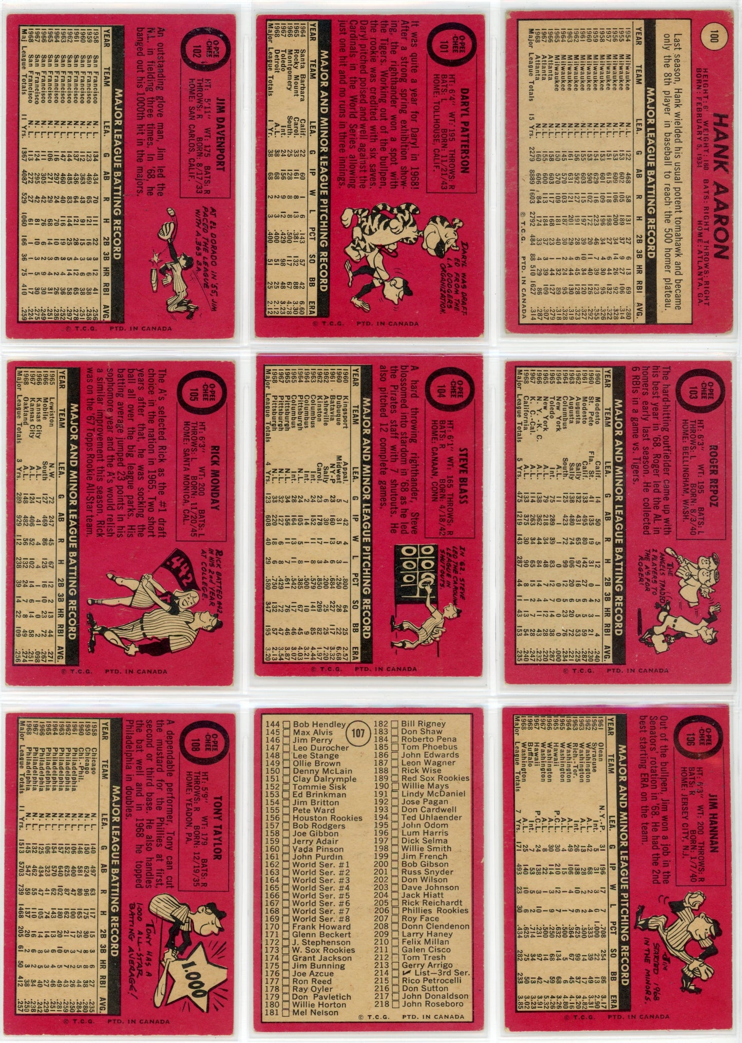 1969 OPC O-Pee-Chee MLB Baseball Card Complete Set (218 Cards) VG+/EX