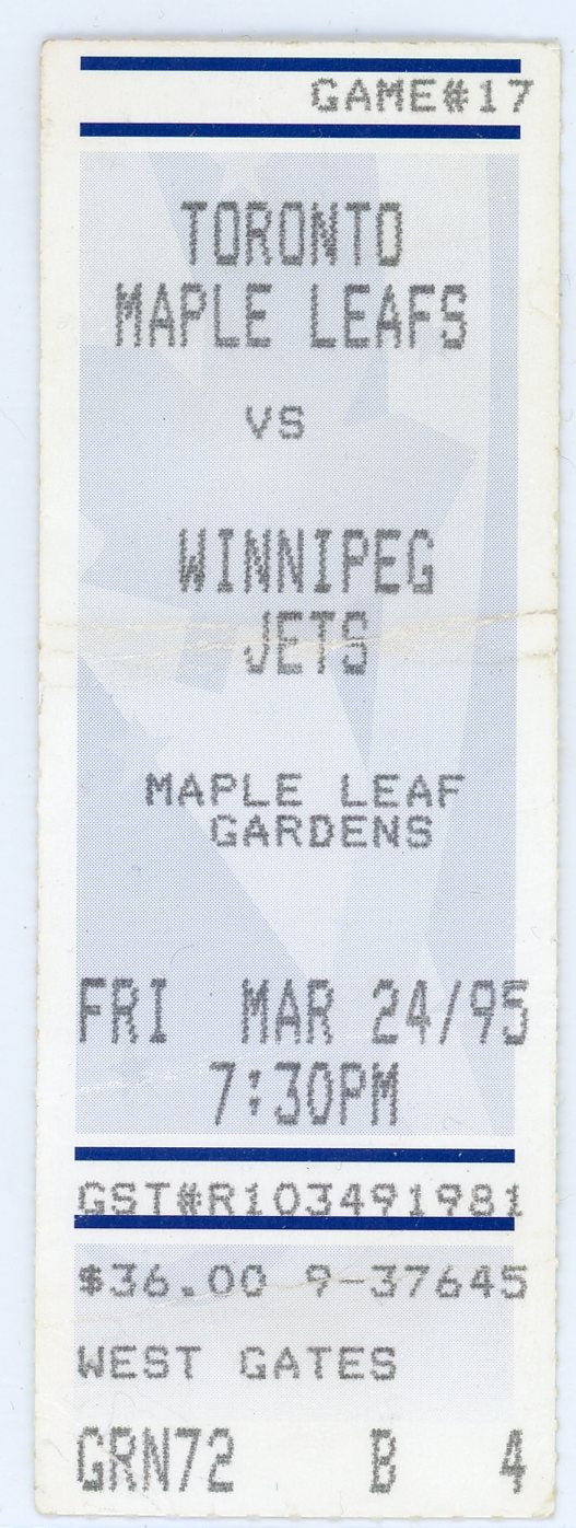 Toronto Maple Leafs vs. Winnipeg Jets Vintage Ticket Stub Maple Leaf Gardens 1995