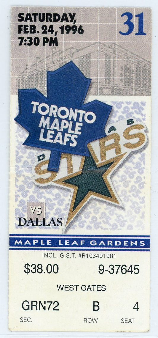 Toronto Maple Leafs vs. Dallas Stars Vintage Ticket Stub Maple Leaf Gardens 1996