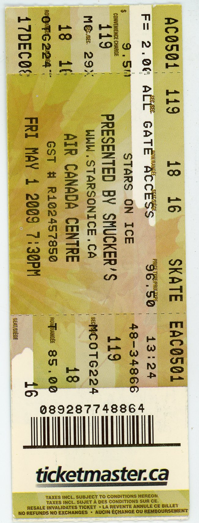 Stars on Ice Concert Ticket Stub Air Canada Centre (Toronto, 2009)