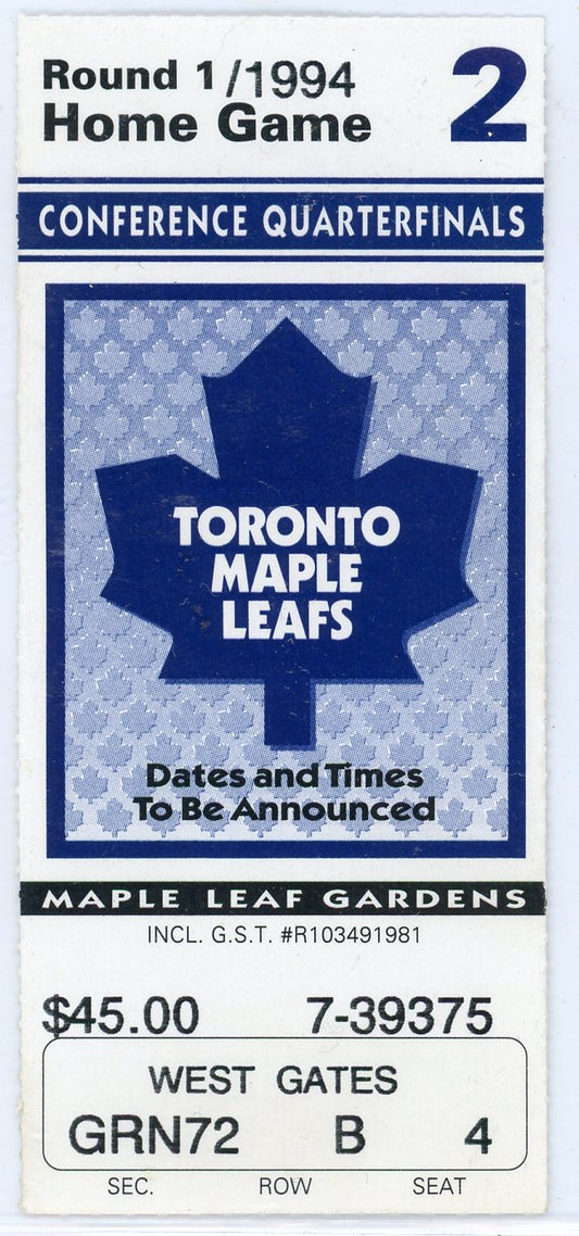 Toronto Maple Leafs Conference Quarter Finals Vintage Ticket Stub 1994 Game 2