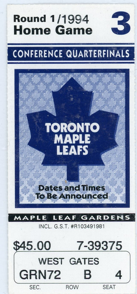 Toronto Maple Leafs Conference Quarter Finals Vintage Ticket 1994 Chicago Blackhawks Game 3