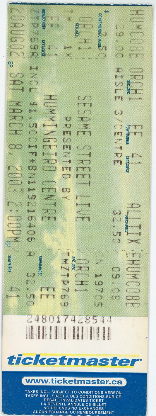 Sesame Street Live Vintage Concert Ticket Stub Hummingbird Centre (Toronto, 2003)