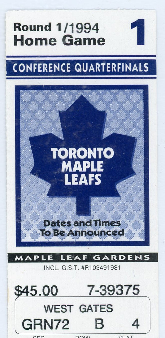 Toronto Maple Leafs Conference Quarter Finals Vintage Ticket Maple Leaf Gardens 1994 Game 3