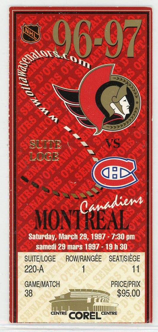 Ottawa Senators vs. Montreal Canadiens Vintage Ticket Stub Corel Centre 1997