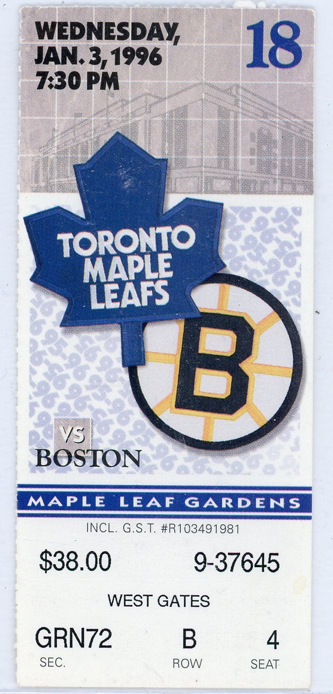 Toronto Maple Leafs vs. Boston Bruins Vintage Ticket Stub Gardens 1996