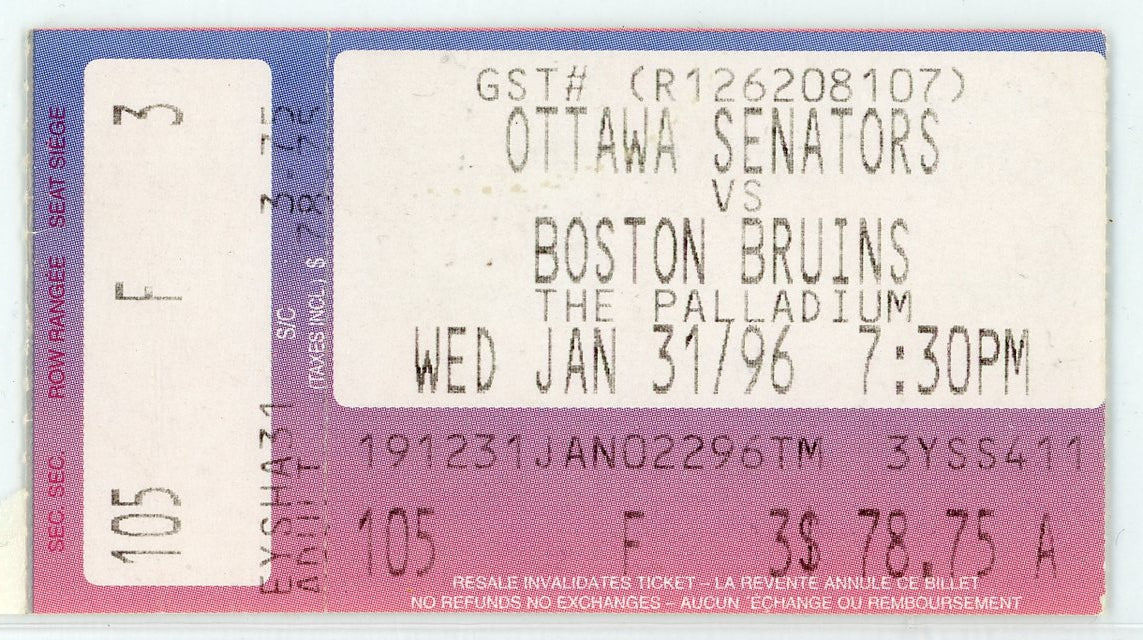 Ottawa Senators vs. Boston Bruins Vintage Ticket Stub The Palladium 1996