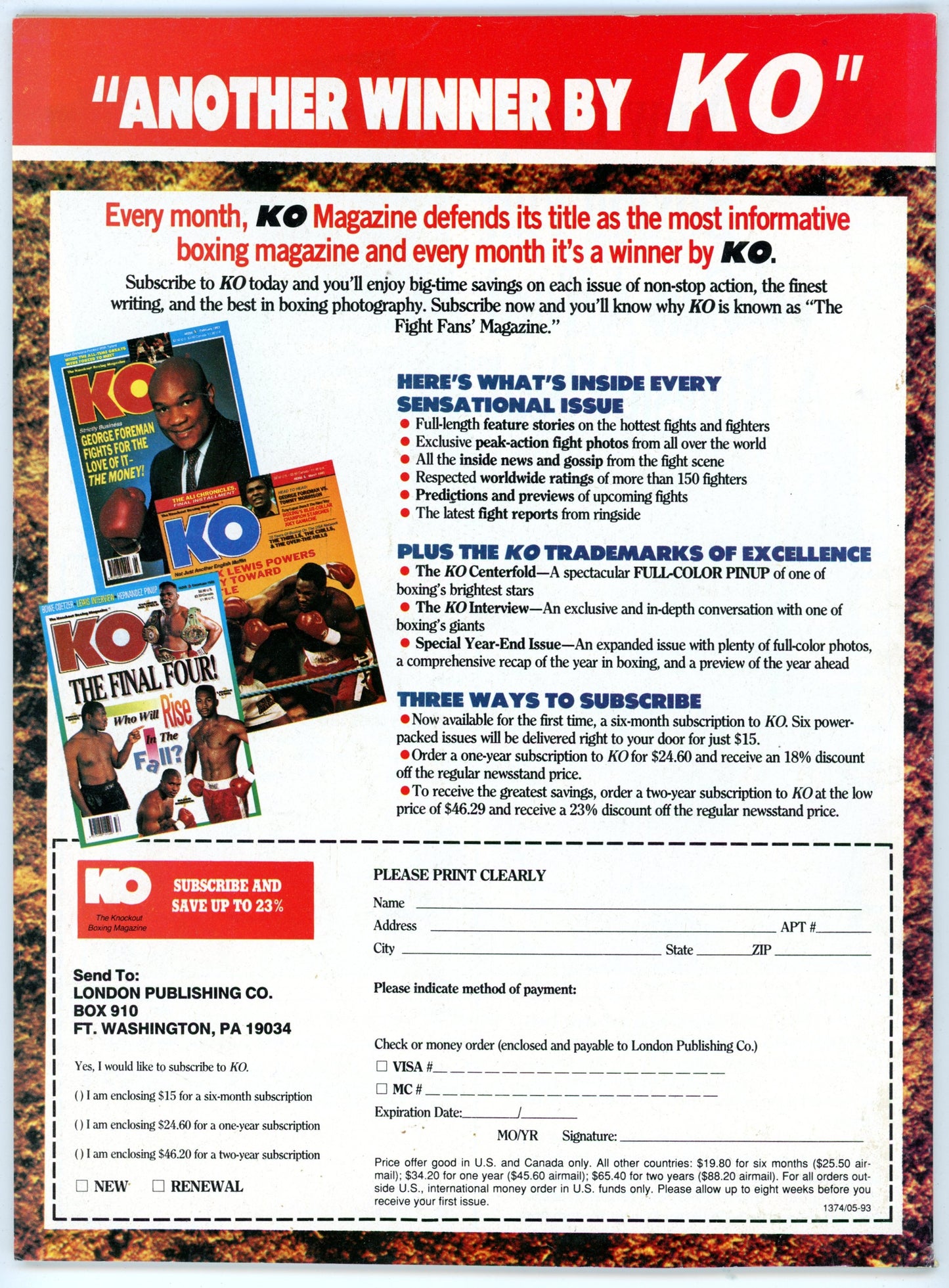 KO Knockout Boxing Vintage Magazine (December 1994) Tyson, Kelley, Bowe, Lewis