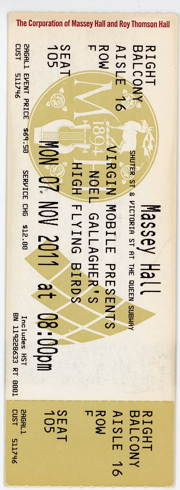 Noel Gallagher's High Flying Birds Concert Ticket Stub Massey Hall (Toronto, 2011) OASIS