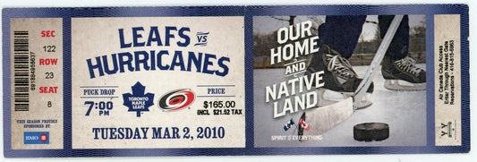 Toronto Maple Leafs vs. Carolina Hurricanes Vintage Ticket Stub Air Canada Centre 2010