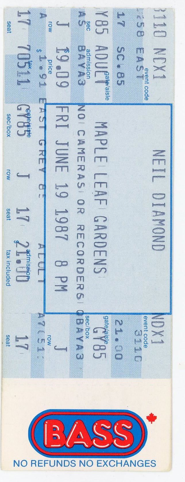 Neil Diamond Vintage Concert Ticket Stub Maple Leaf Gardens (Toronto, 1987)