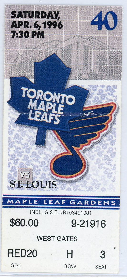 St. Louis Blues vs. Toronto Maple Leafs Vintage Ticket Stub Maple Leaf Gardens 1996