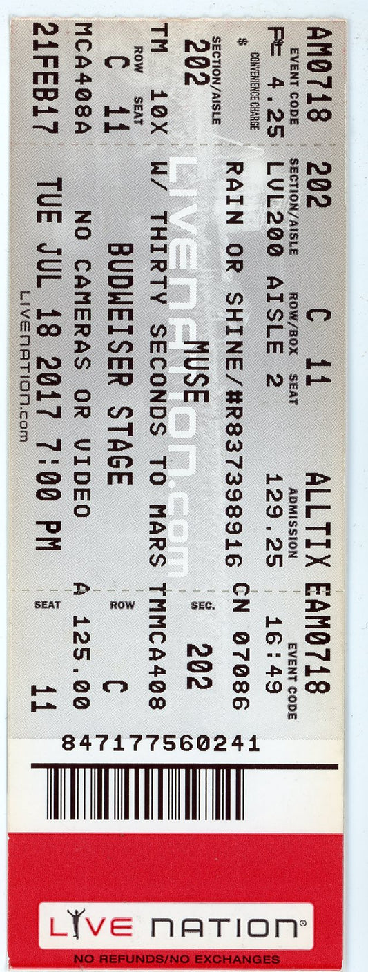 Muse Concert Ticket Stub Budweiser Stage (Toronto, 2017)