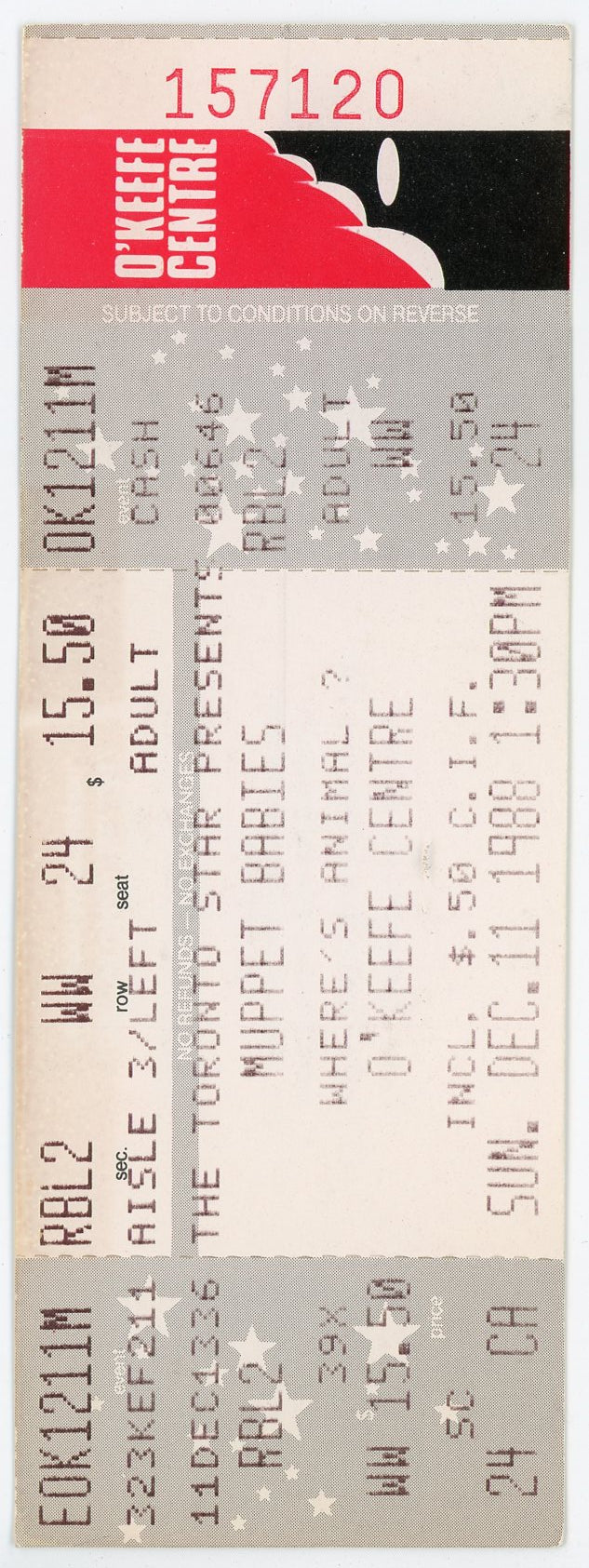 Muppet Babies Live Vintage Ticket Stub O'Keefe Centre (Toronto, 1988)