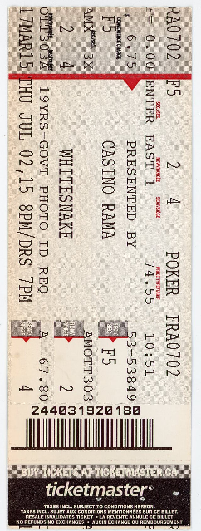 Whitesnake Vintage Ticket Stub Casino Rama (Orillia, 2015)