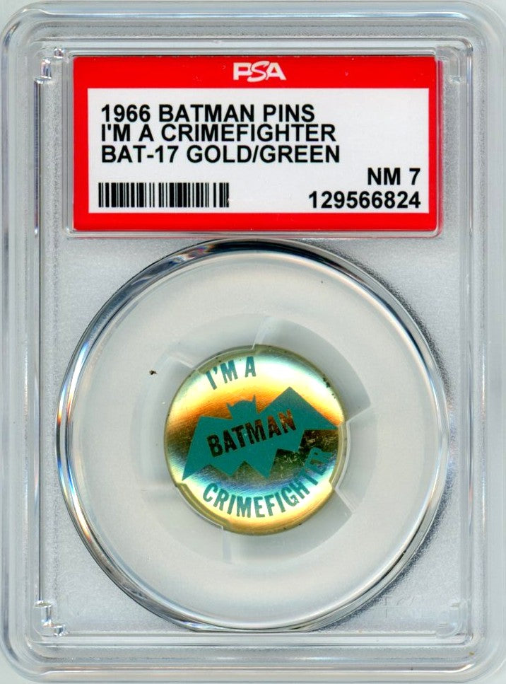 Ultra-Rare 1966 NPP Batman Pins "I'm A Crimefighter" (BAT-17) – PSA 7 NM (Pop 3, Only 2 Higher)