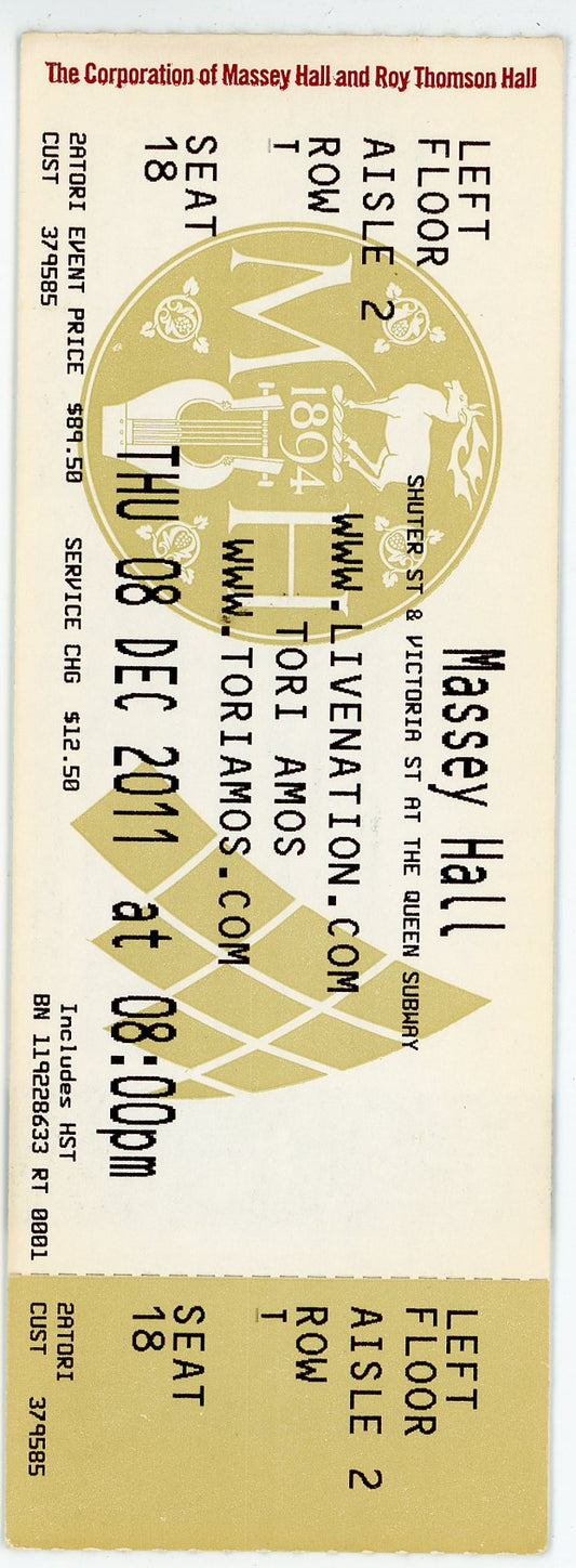 Tori Amos Ticket Stub Massey Hall (Toronto, 2011)
