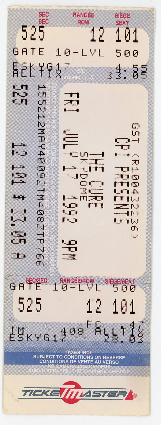 The Cure Vintage Ticket Stub Skydome (Toronto, 1992)