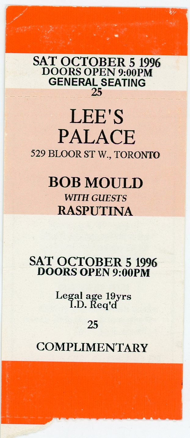 Bob Mould Vintage Ticket Stub Lee's Palace (Toronto, 1996)