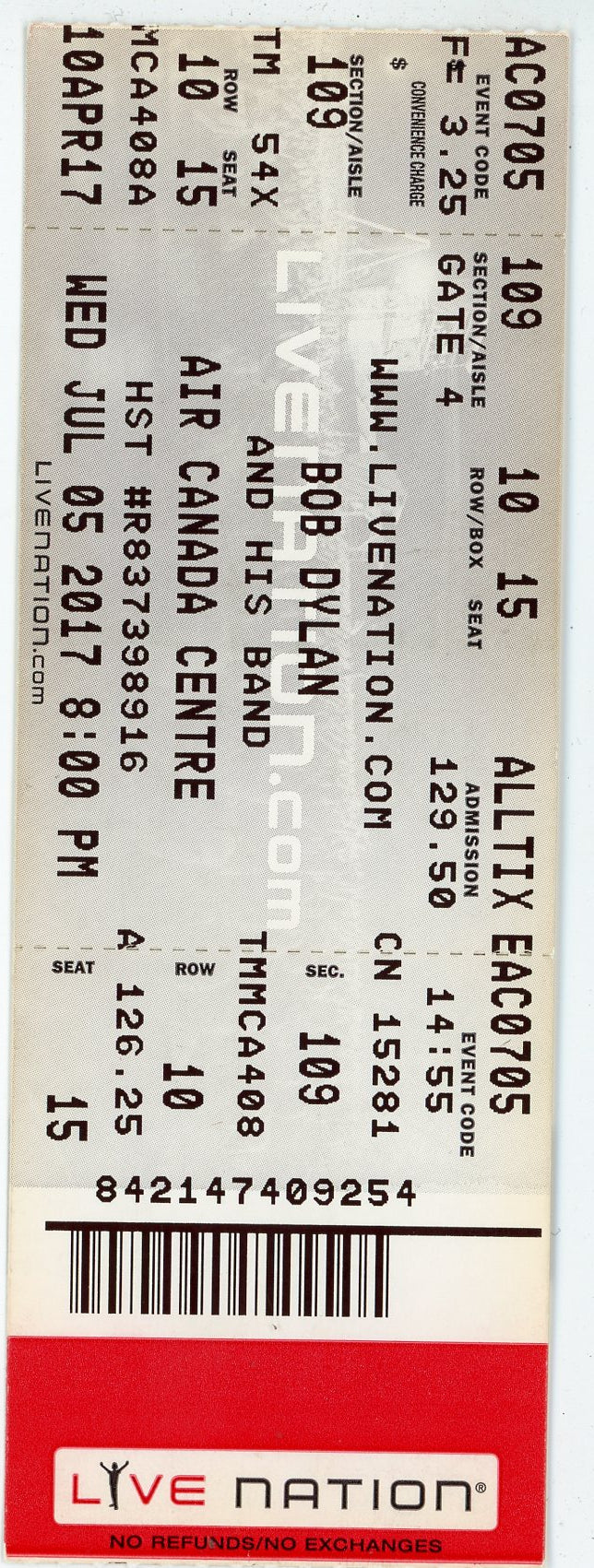 Bob Dylan Ticket Stub Air Canada Centre (Toronto, 2017)