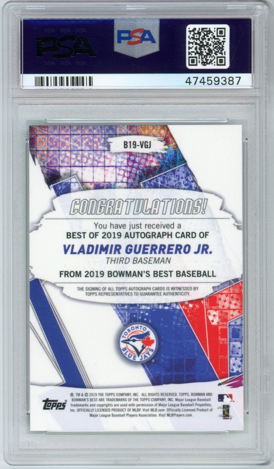 2019 Bowman's Best Vladimir Guerrero Jr. Green Refractor Graded Autograph Rookie Card PSA 10