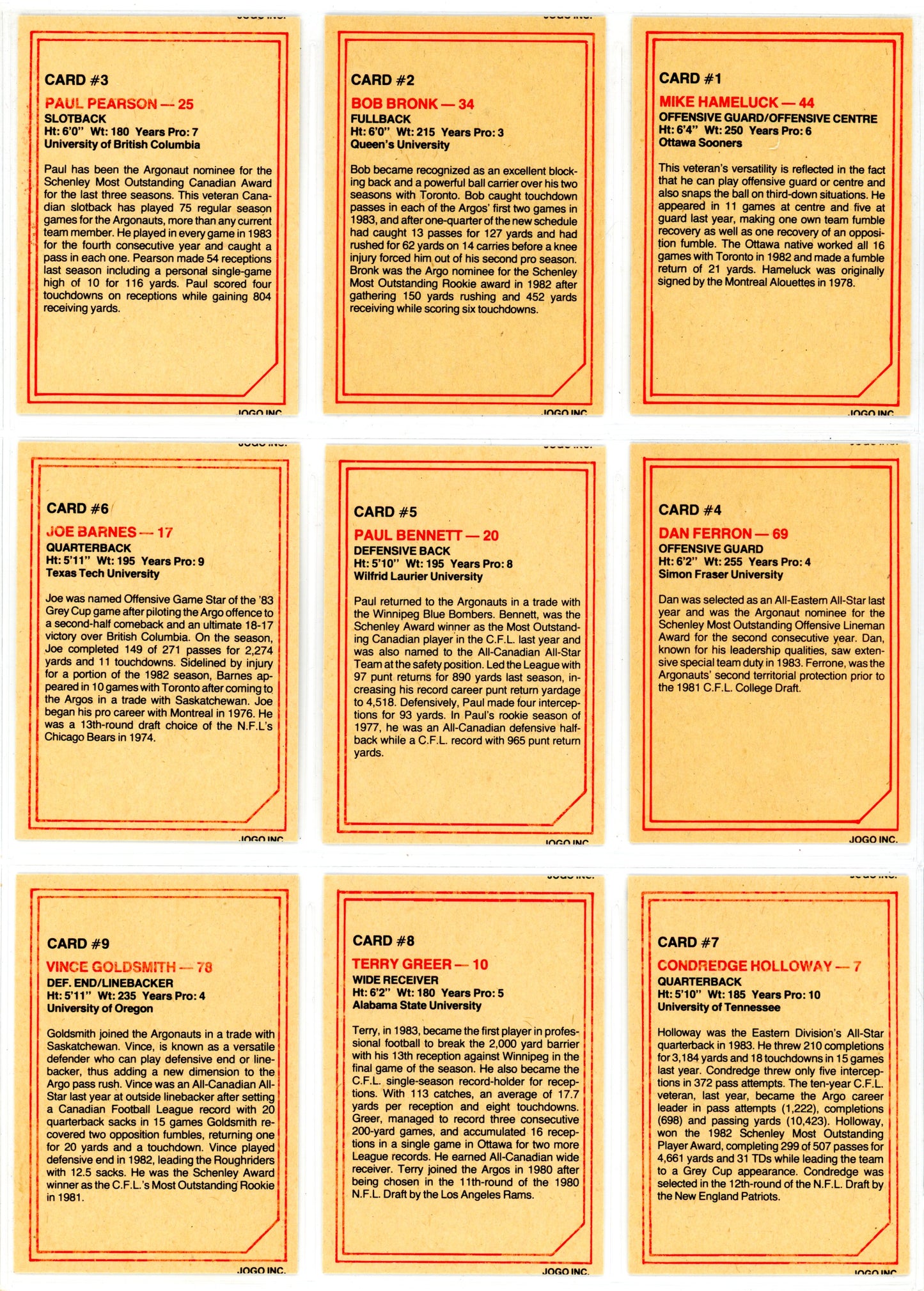1984 JOGO CFL Football Series One & Two Complete Set (160 Cards) EX+/NM Condition